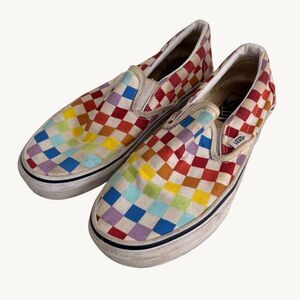Vans Rainbow Checkered Slip On Sneakers Womens 7 Classic Skate